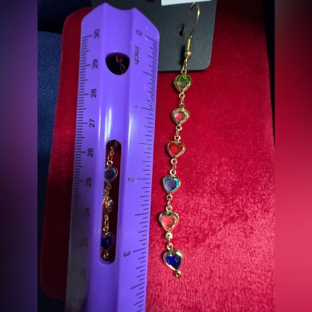 SOLD Earrings Gold Colorful Heart Drop Earrings Long Dangles - Picture 5 of 5